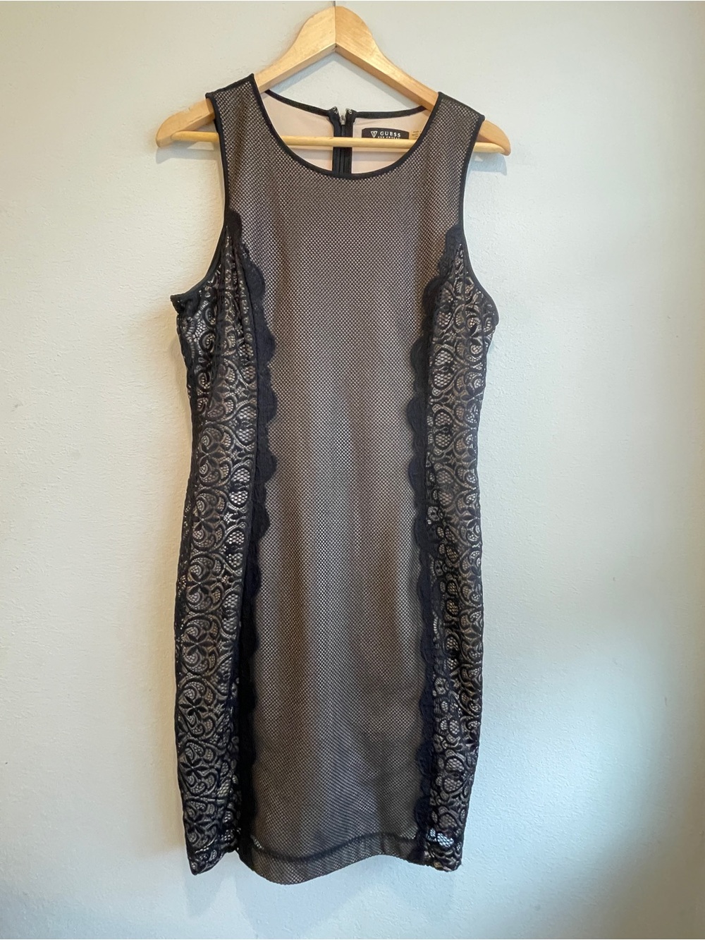 GUESS Black Lace Illusion Mesh Sheath Bodycon Cocktail Dress Sz 14 Nude Lining